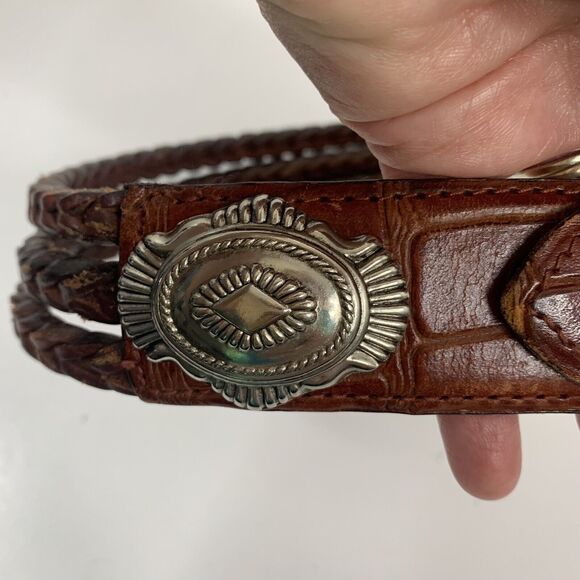 Brown Leather Size M Croc Embossed Braided Belt Silver Tone Heavy Buckle Concho - Picture 6 of 10